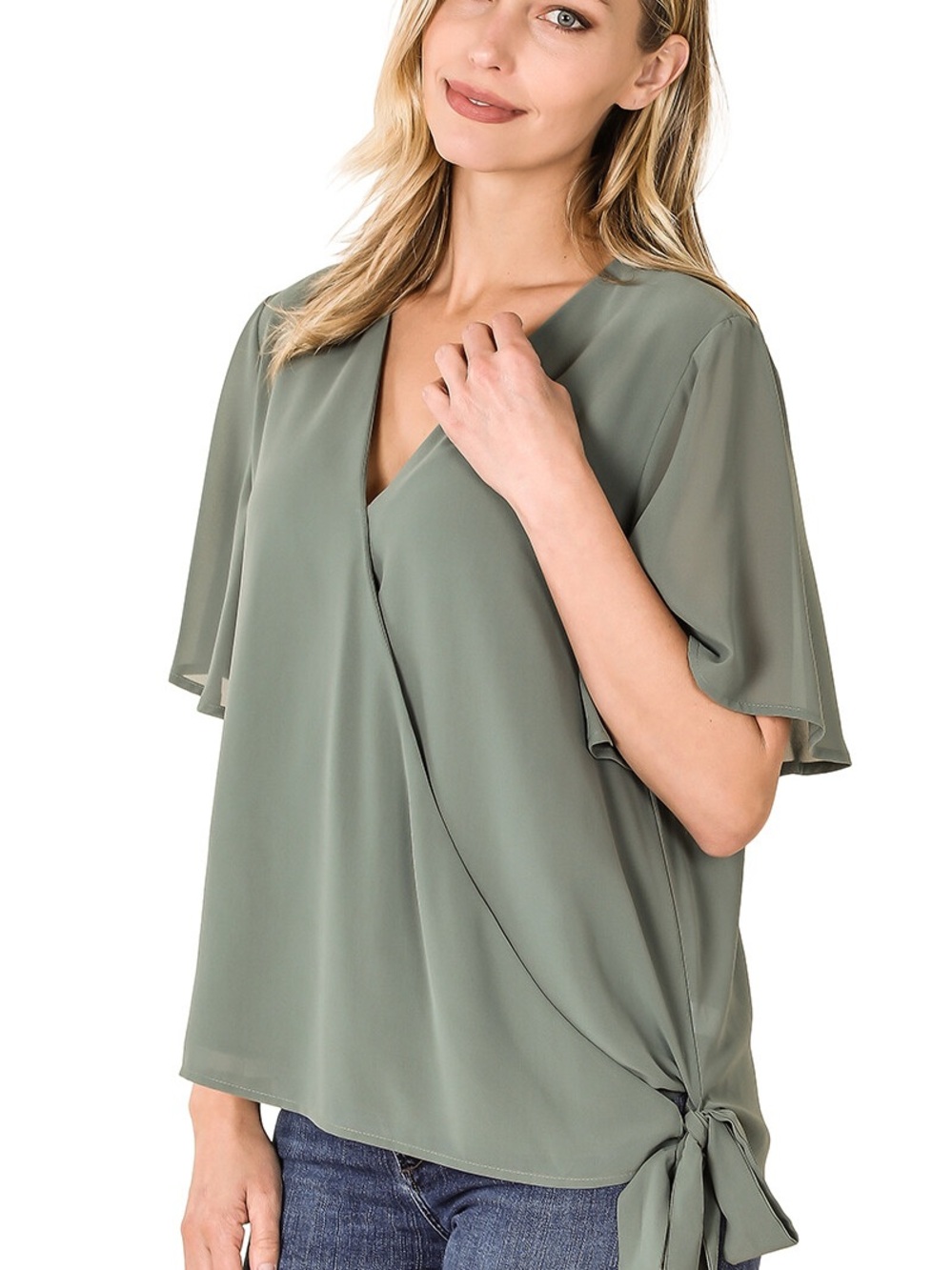 🌻 2/$25🌻 Zenana Outfitters Olive Green Side-Tie V-Neck Blouse